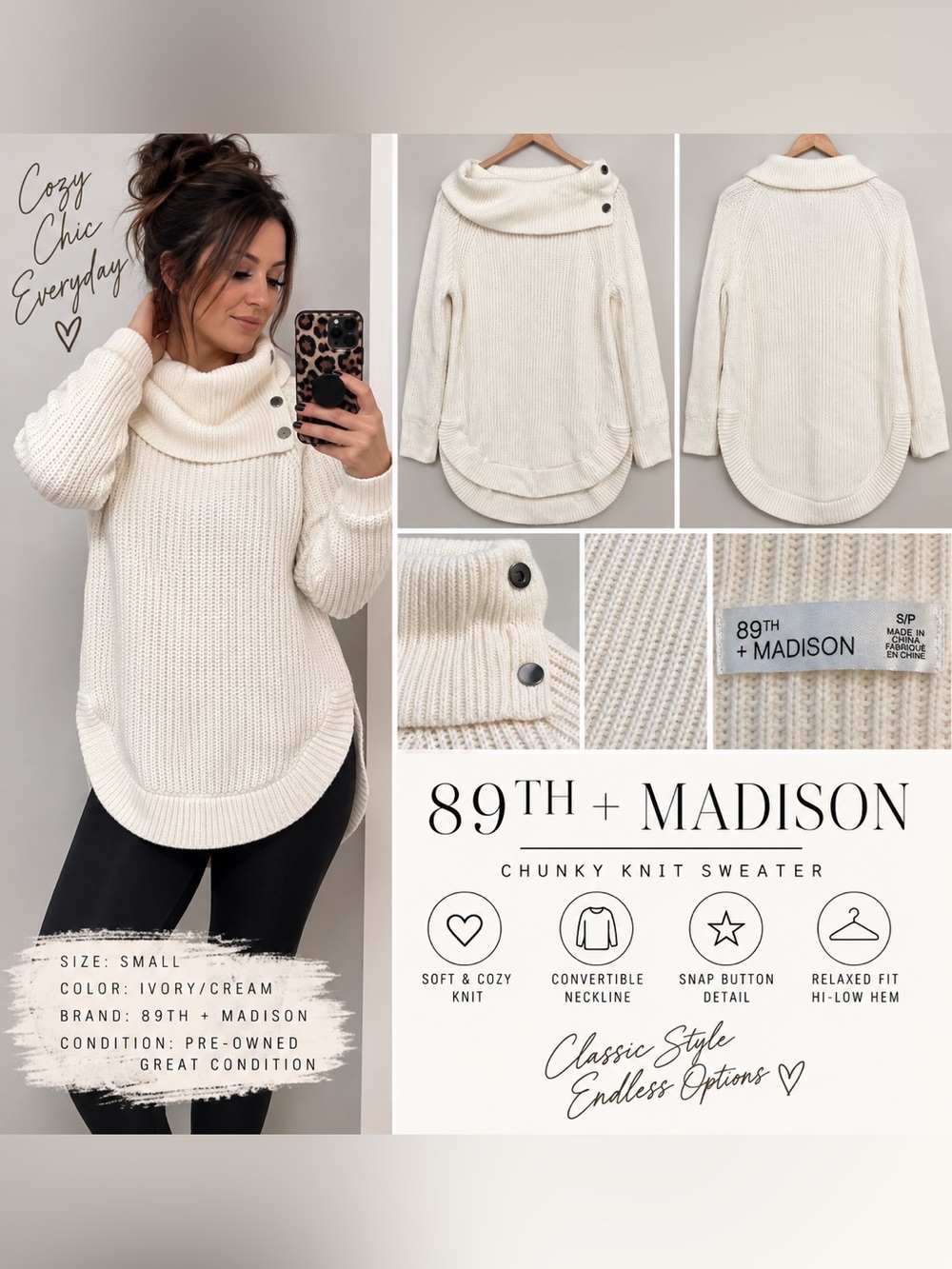 89th & Madison Ivory Convertible Cowl Neck Chunky Knit Sweater